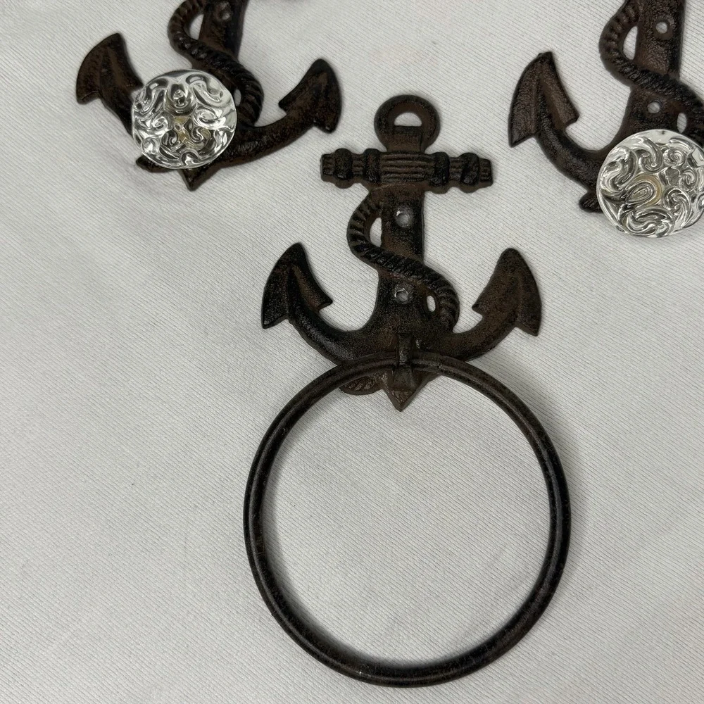 Cast Iron Anchor Hangers Towel Ring 3pc Rustic Nautical Coastal Decorative Knobs